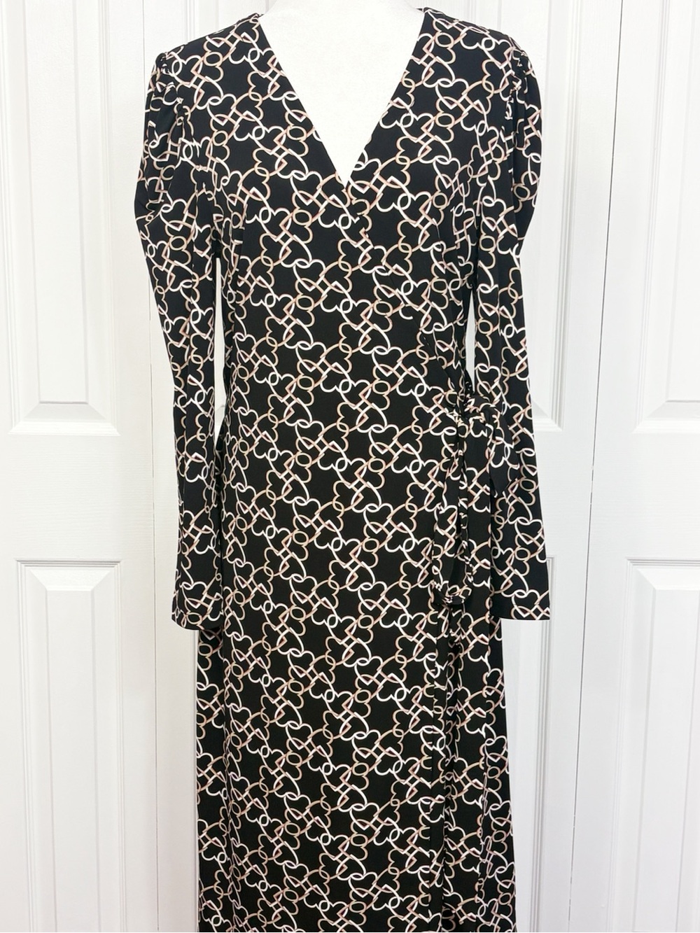Ann Taylor Black Heart Chain Print True Wrap Long Sleeve Midi Dress 10